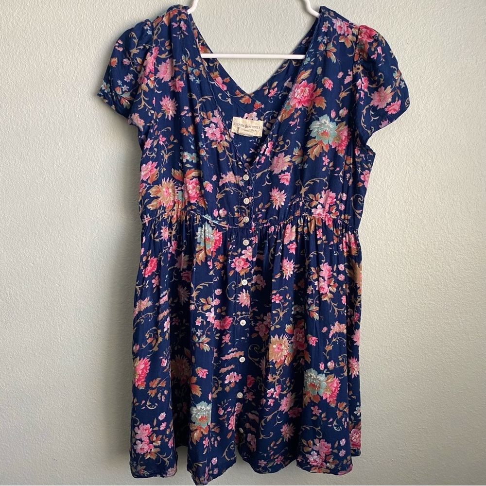 EUC Denim & Supply Ralph Lauren Navy Floral Babydoll Blouse / Tunic Size Medium